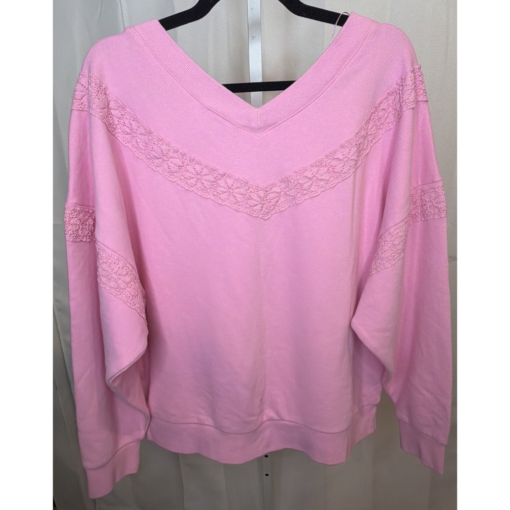 JoyLab Pink Crochet Trim V Neck Pullover Sweatshirt Size Medium - Picture 10 of 10